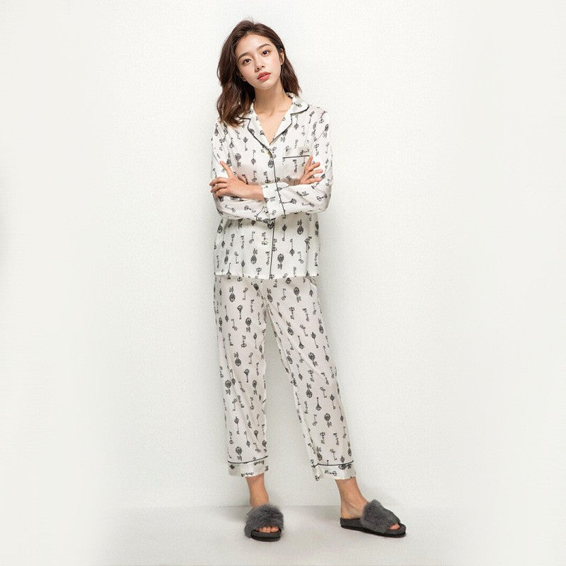 Pure Silk Women's 100% Mulberry Silk A Loungewear Set Long-sleeved Shirt Collar