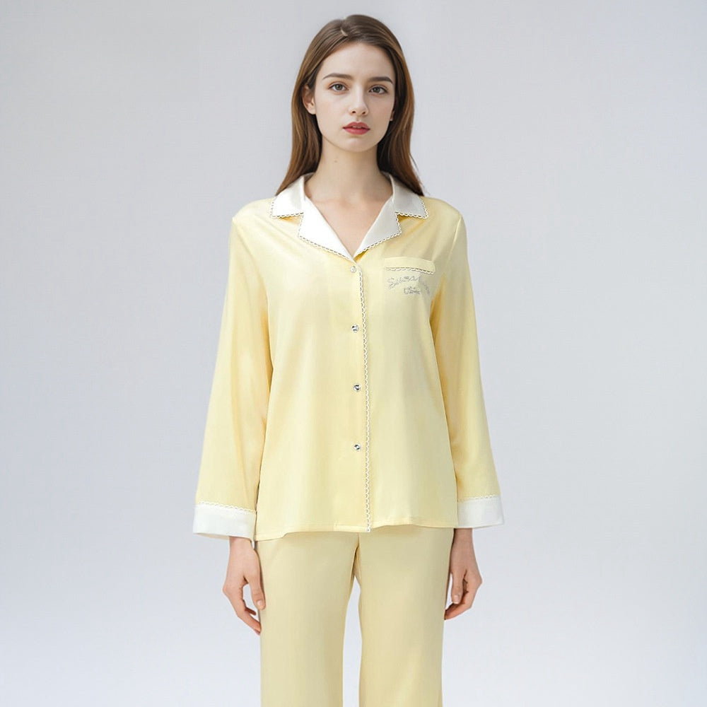 Pure Silk Robe 100% Mulberry Silk Women's Lace Collar Striped Suit Nightgown