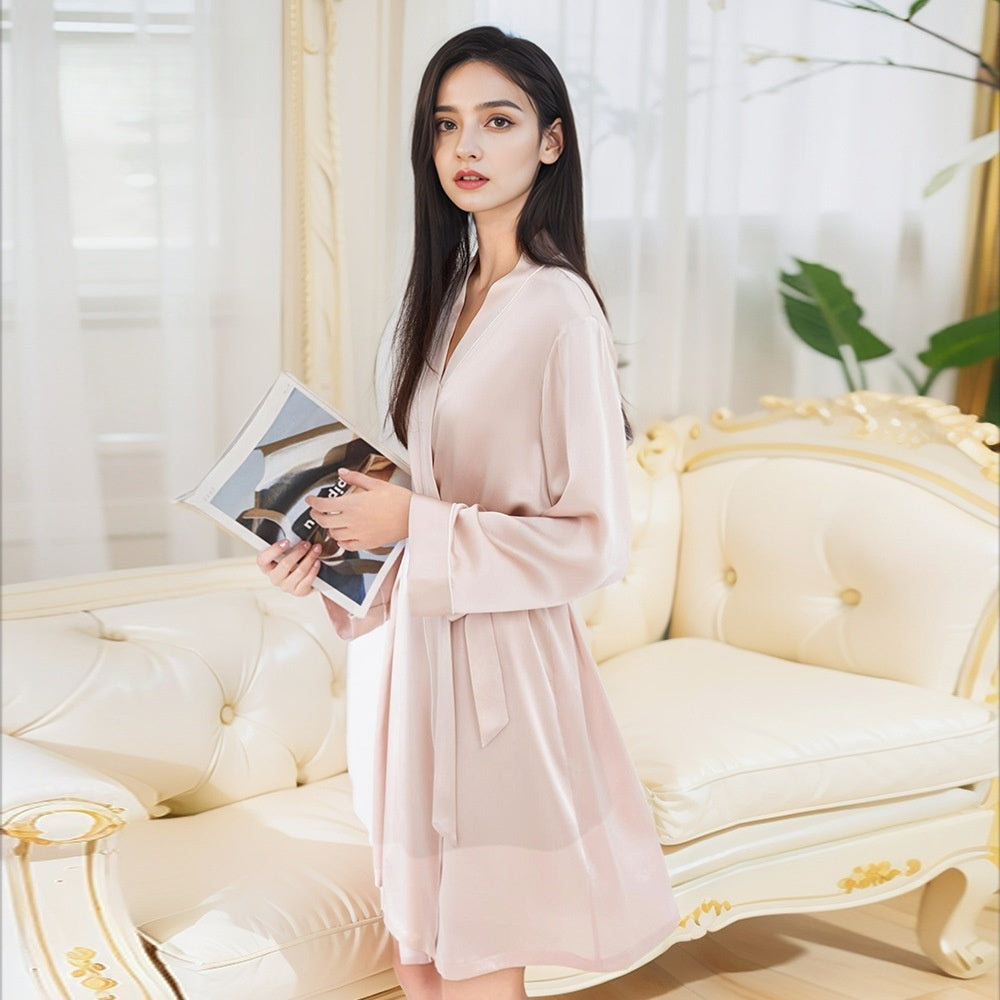 Pure Silk Women's 100% Mulberry Silk Short Daily Home Robe Morninggown Nightgown