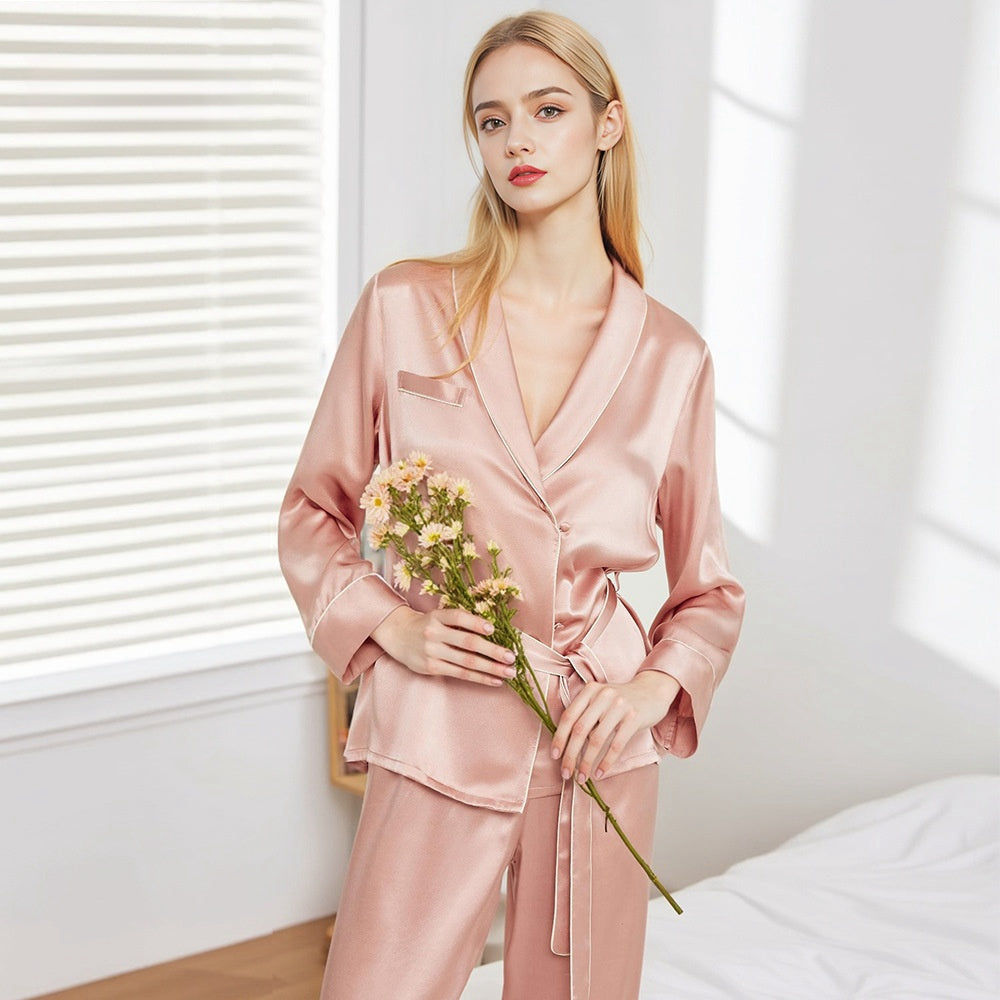 Pure Silk Robe 100% Mulberry Silk Women's Notch Collar Pajamas Striped Suit Nightgown