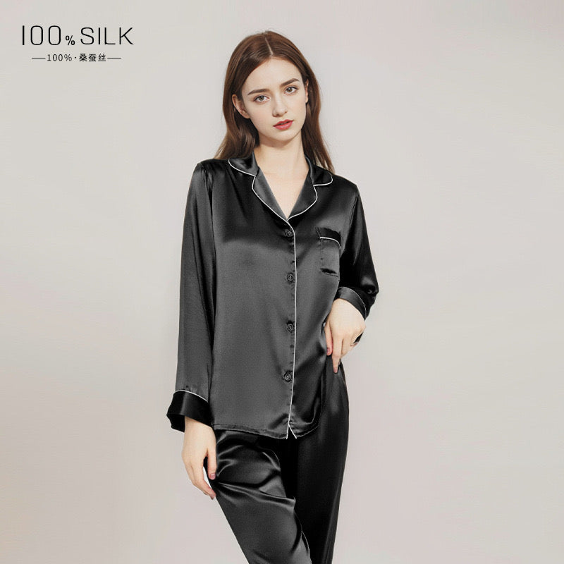 Silk Women's Pajama Set Long Sleeve Pajama Buckle Pajama 100% Top Chinese Mulberry Silk Pajama Set