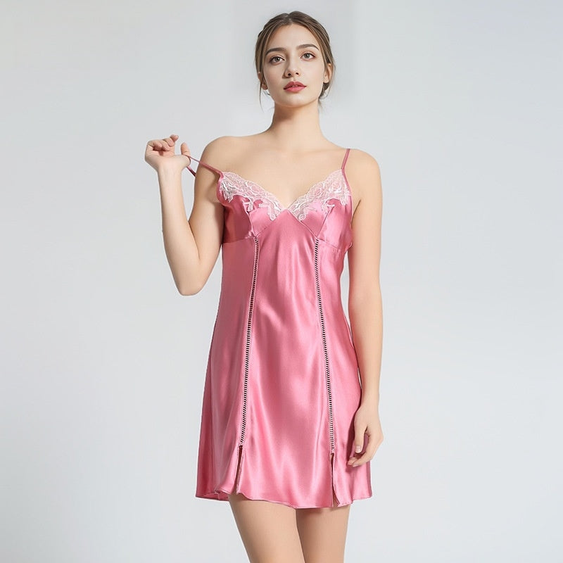 Pure Silk Women's 100% Mulberry Silk Sexy Spliced Split Halter Skirt Nightdress