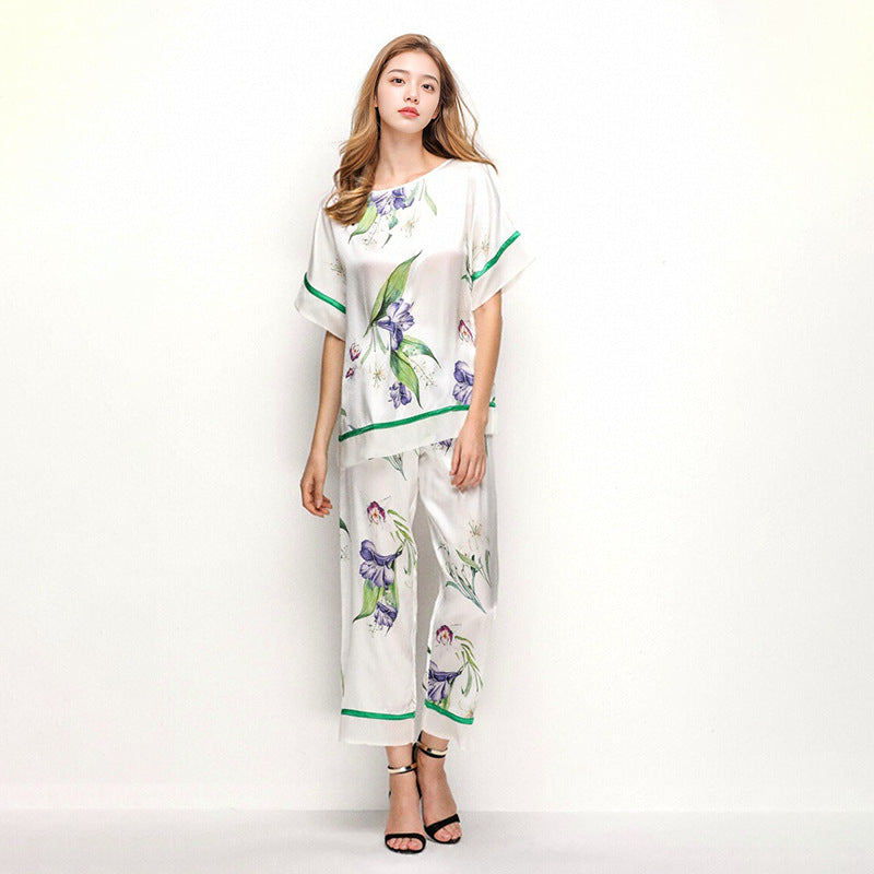 Pure Silk Women's 100% Mulberry Silk Spray-painted Sleeve The Suit Nightgown
