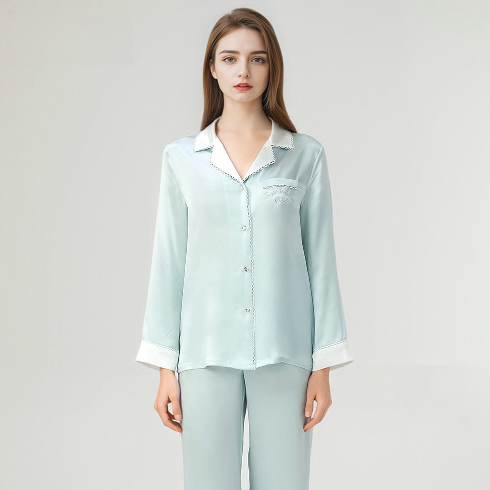 Pure Silk Robe 100% Mulberry Silk Women's Lace Collar Striped Suit Nightgown