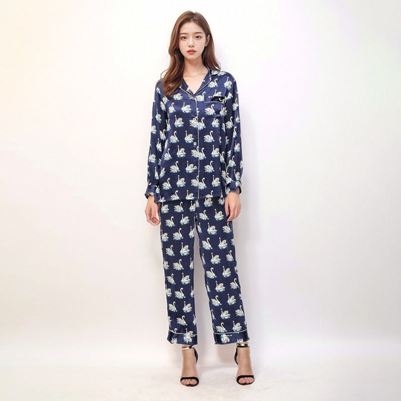 Pure Silk Women's 100% Mulberry Silk Swan Print Long Sleeve Pajamas Nightgown