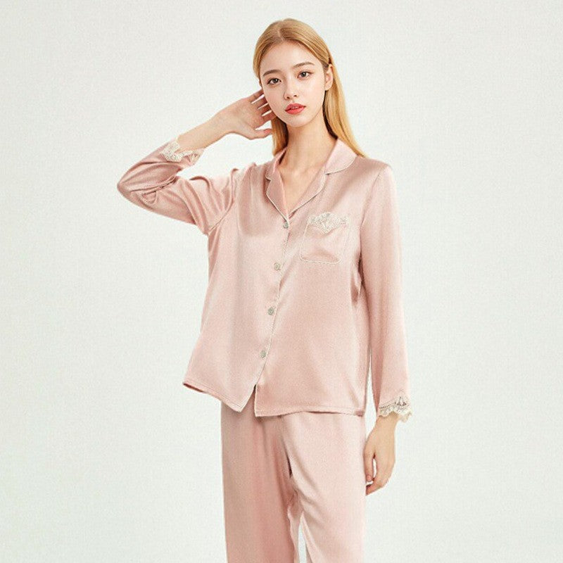 Pure Silk Women's 100% Mulberry Silk Lace Patchwork Intellectual Pajama Set