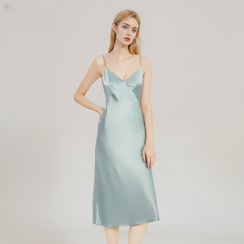 Pure Silk Women's Sexy Slit 100% Mulberry Silk Slim-fit Slip Dress Nightgown