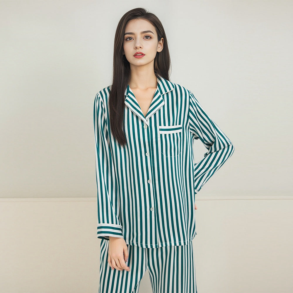 Pure Silk Robe 100% Mulberry Silk Women's Long Sleeve Long Pants Striped Suit Nightgown
