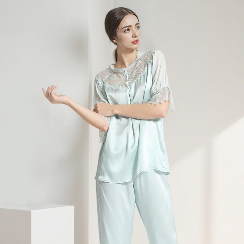 Pure Silk Women's 100% Mulberry Silk Lace Patchwork Puffy Sleeve Pajama Set