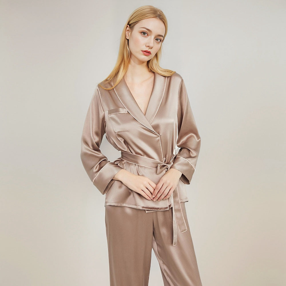 Pure Silk Robe 100% Mulberry Silk Women's Notch Collar Pajamas Striped Suit Nightgown