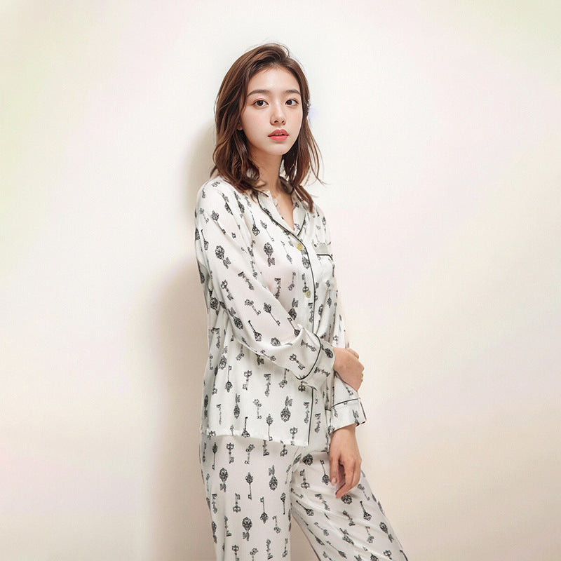 Pure Silk Women's 100% Mulberry Silk A Loungewear Set Long-sleeved Shirt Collar