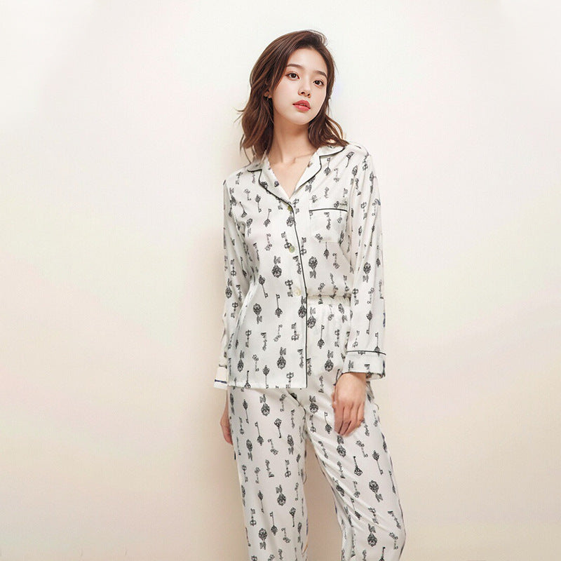 Pure Silk Women's 100% Mulberry Silk A Loungewear Set Long-sleeved Shirt Collar