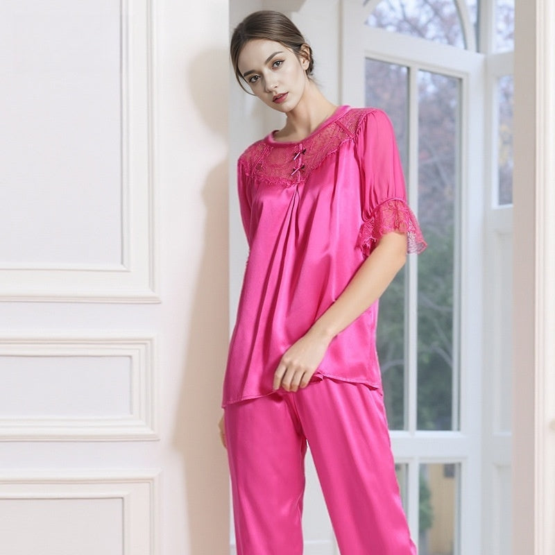 Pure Silk Women's 100% Mulberry Silk Lace Patchwork Puffy Sleeve Pajama Set