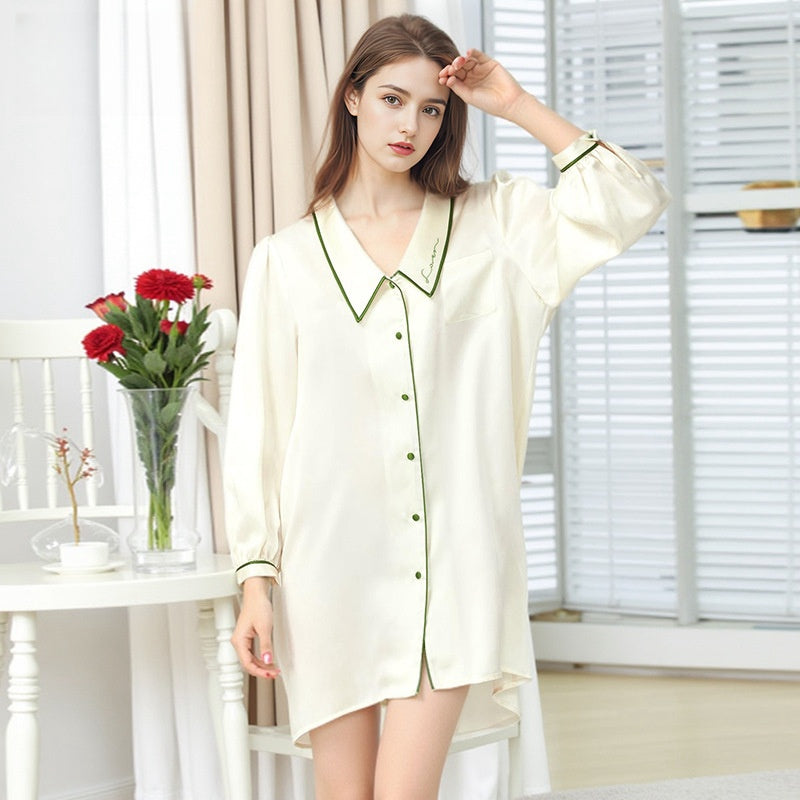 Pure Silk Robe 100% Mulberry Silk Women's Sexy Thin Doll Neck Shirt Nightgown