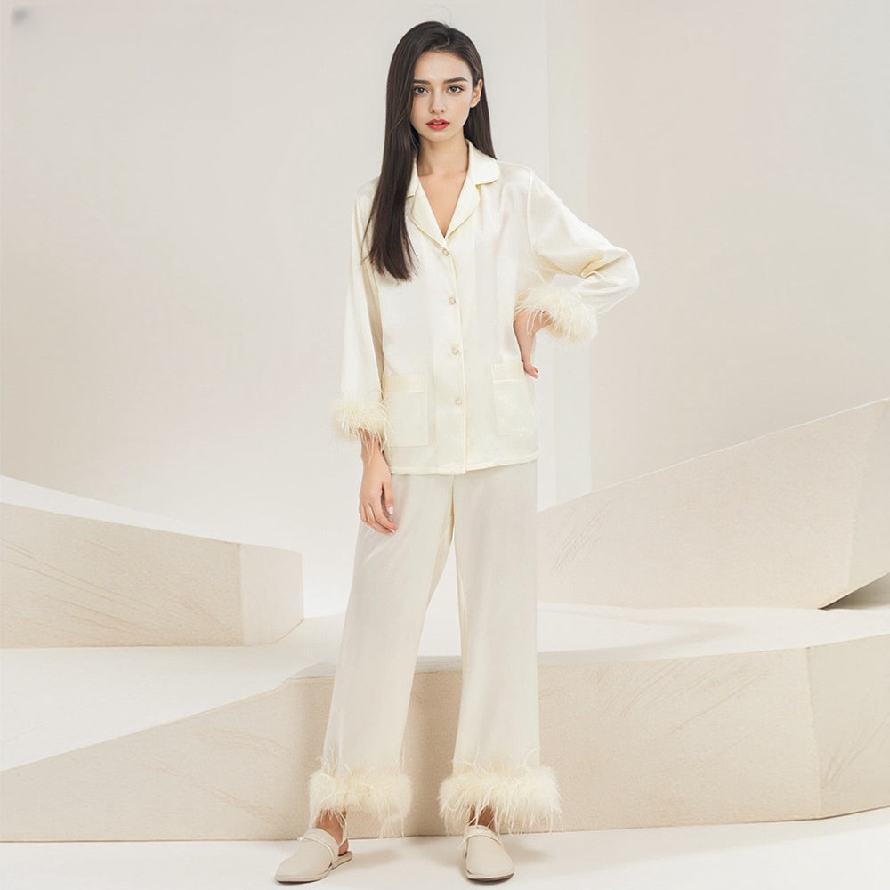 Pure Silk Robe 100% Mulberry Silk Women's Detachable Feather Striped Suit Nightgown