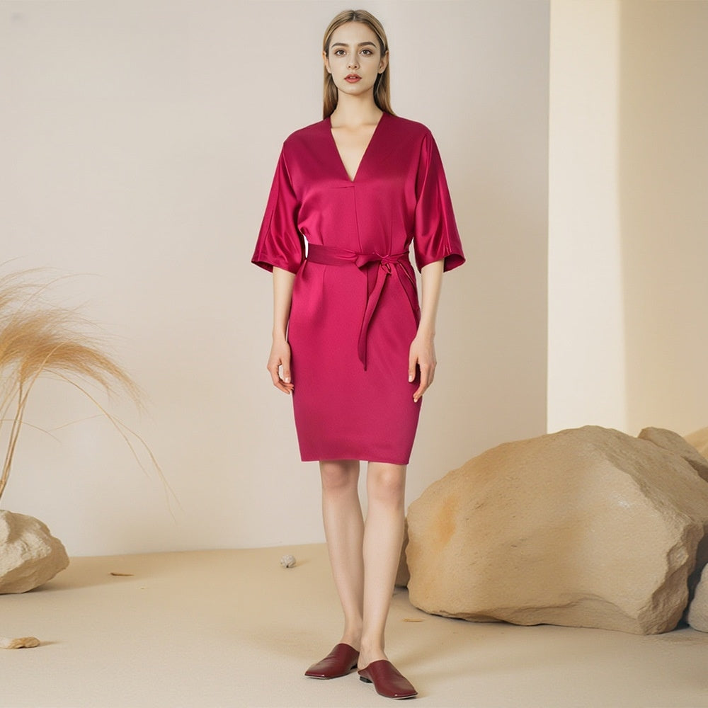 Pure Silk Women's 100% Mulberry Silk Simple High Sense Lace-up Nightdress