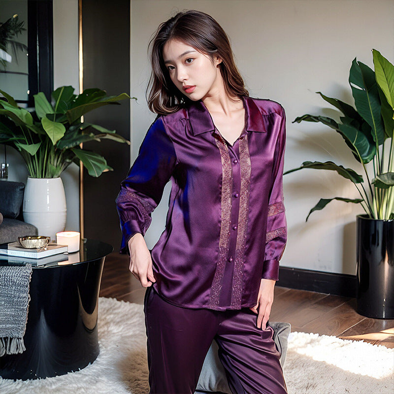 Pure Silk Women's 100% Mulberry Silk Hollow Mature Sexy Long Sleeve Pajamas Nightgown