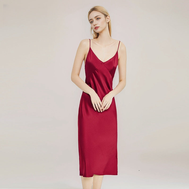 Pure Silk Women's Sexy Slit 100% Mulberry Silk Slim-fit Slip Dress Nightgown