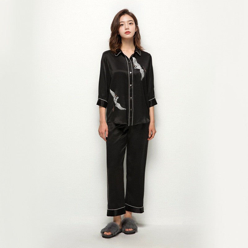 Pure Silk Women's 100% Mulberry Silk Embroidered Mid-sleeve Pajamas Nightgown