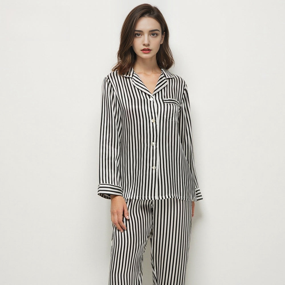 Pure Silk Robe 100% Mulberry Silk Women's Long Sleeve Long Pants Striped Suit Nightgown