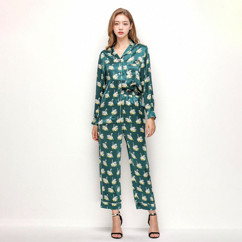 Pure Silk Women's 100% Mulberry Silk Swan Print Long Sleeve Pajamas Nightgown