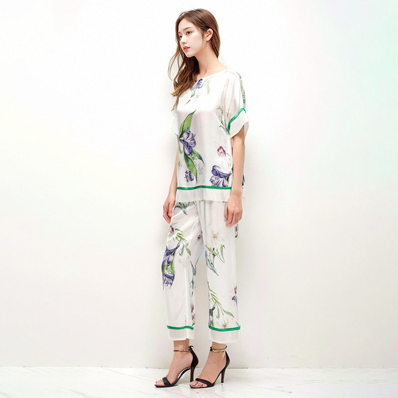 Pure Silk Women's 100% Mulberry Silk Spray-painted Sleeve The Suit Nightgown