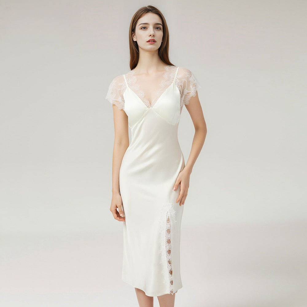 Pure Silk Women's Sexy Slit 100% Mulberry Silk Lace Stitching Bra Pad Nightgown