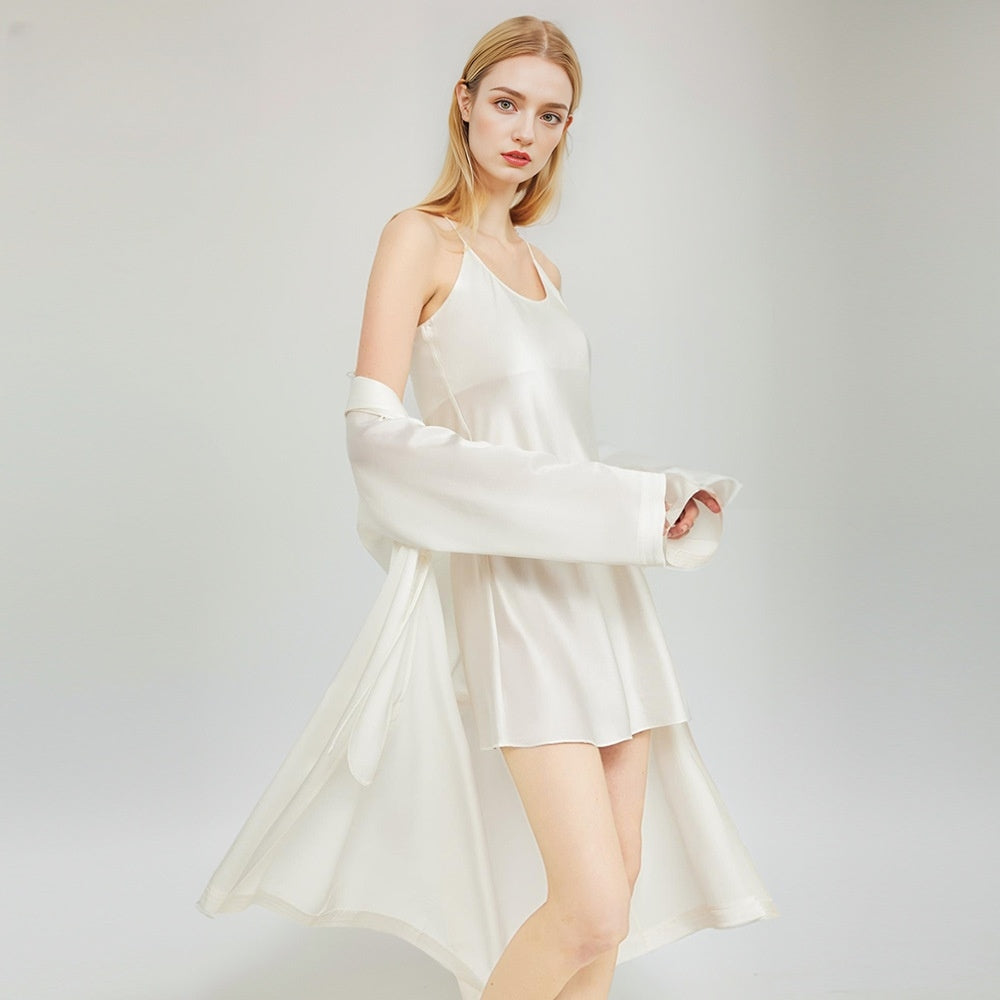Pure Silk Women's 100% Mulberry Silk Cool Slip Nightdress Two-piece Robe Set
