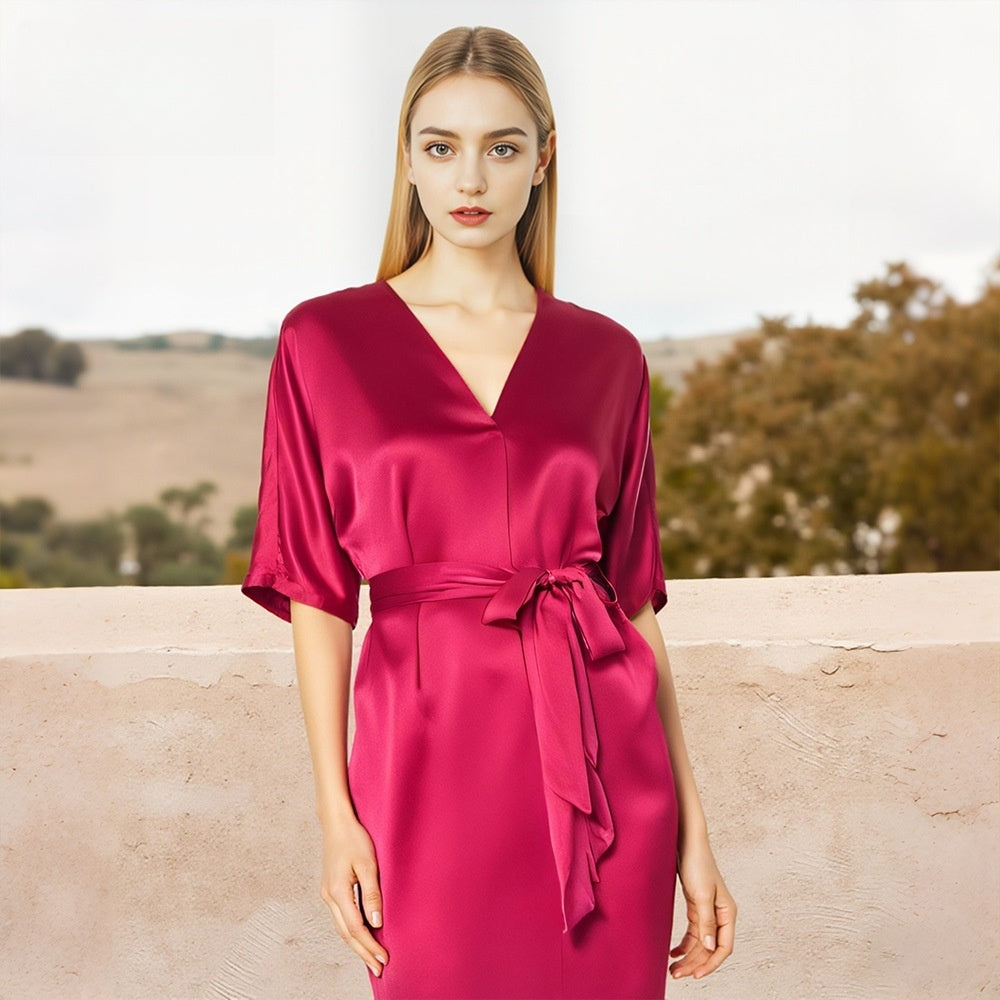 Pure Silk Women's 100% Mulberry Silk Simple High Sense Lace-up Nightdress