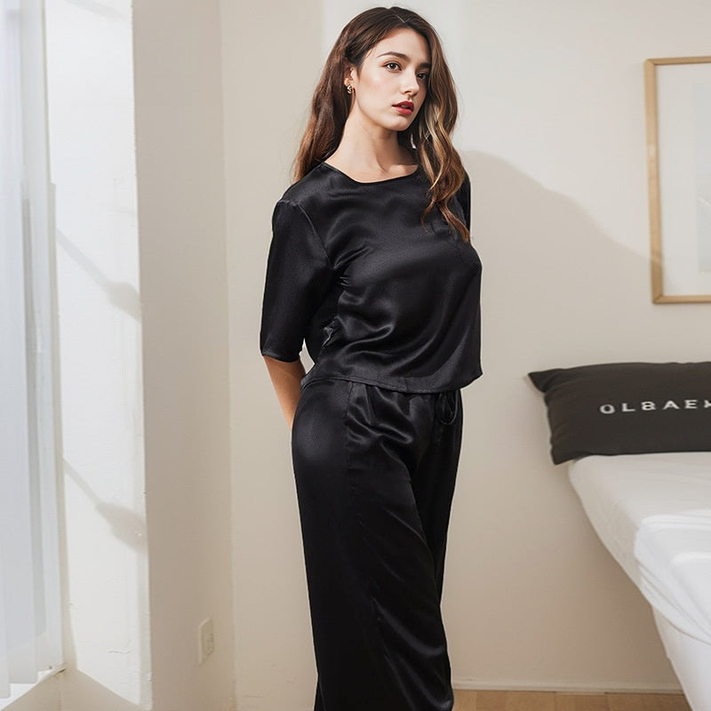 Pure Silk Women's 100% Mulberry Silk Short Sleeve Pants Suit Simple Nightdress