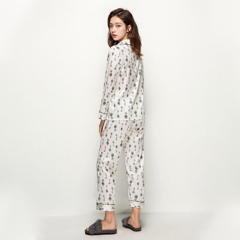 Pure Silk Women's 100% Mulberry Silk A Loungewear Set Long-sleeved Shirt Collar