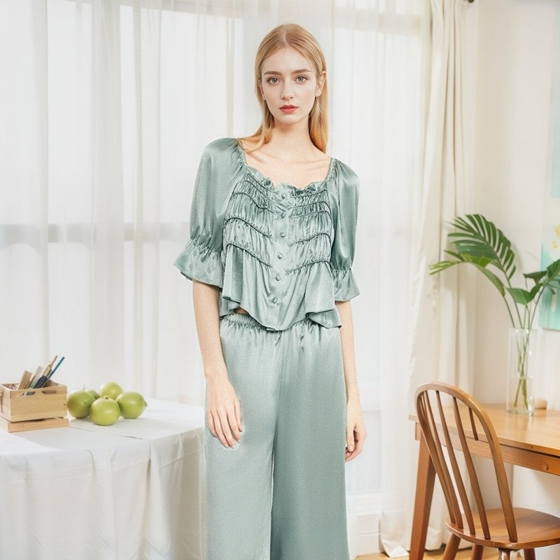 Pure Silk Women's 100% Mulberry Silk French Court Style House Suit Nightgown