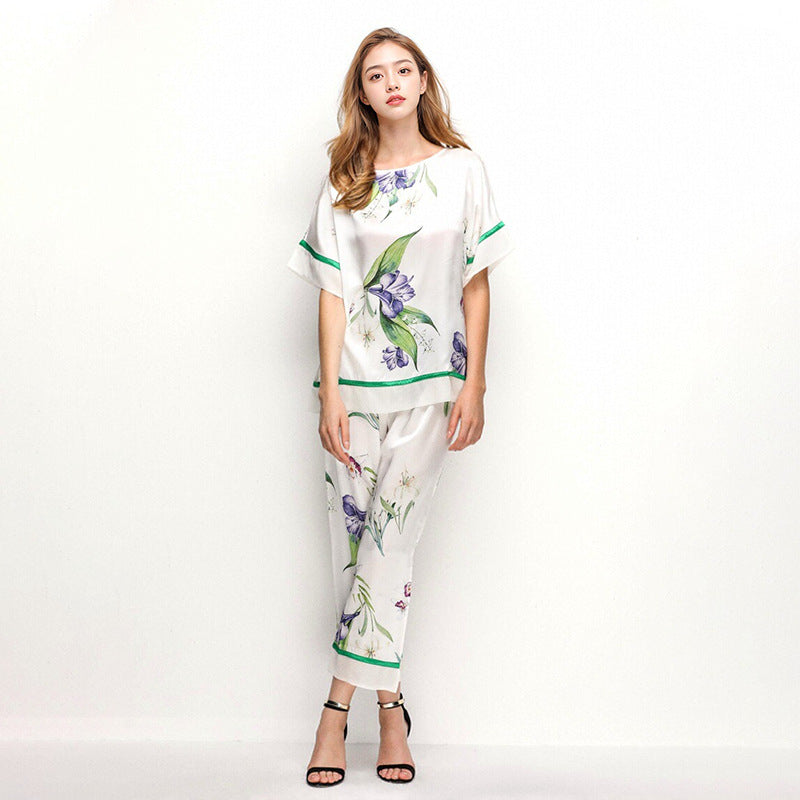 Pure Silk Women's 100% Mulberry Silk Spray-painted Sleeve The Suit Nightgown