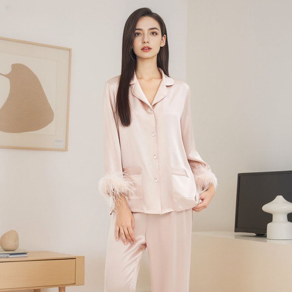 Pure Silk Robe 100% Mulberry Silk Women's Detachable Feather Striped Suit Nightgown