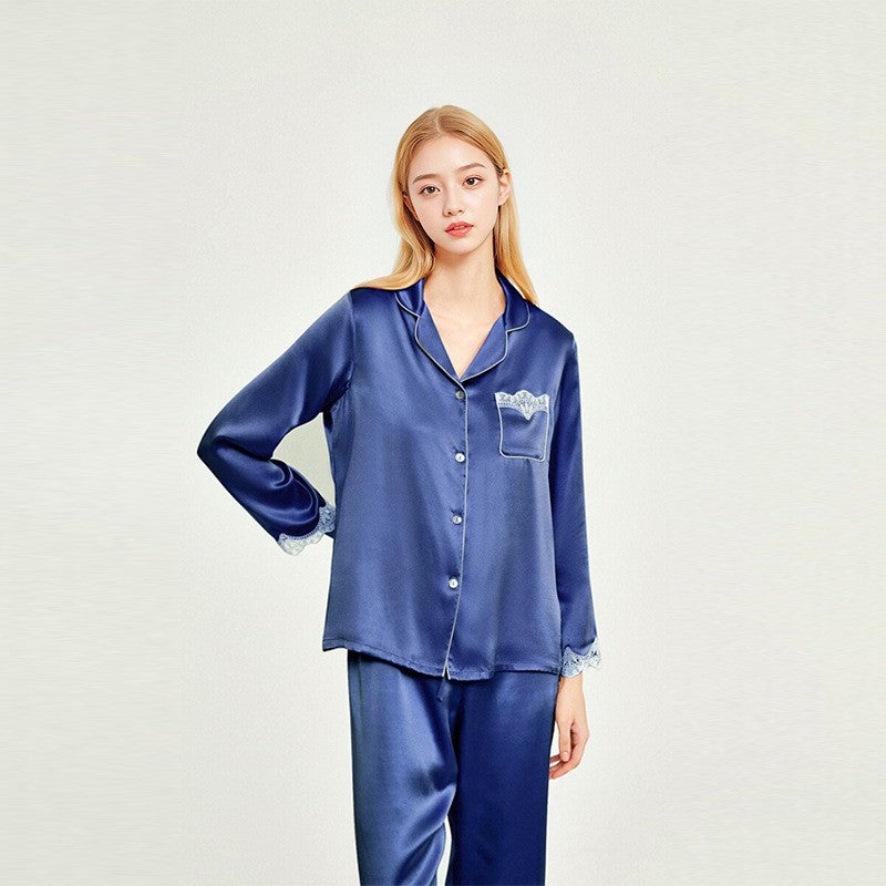 Pure Silk Women's 100% Mulberry Silk Lace Patchwork Intellectual Pajama Set