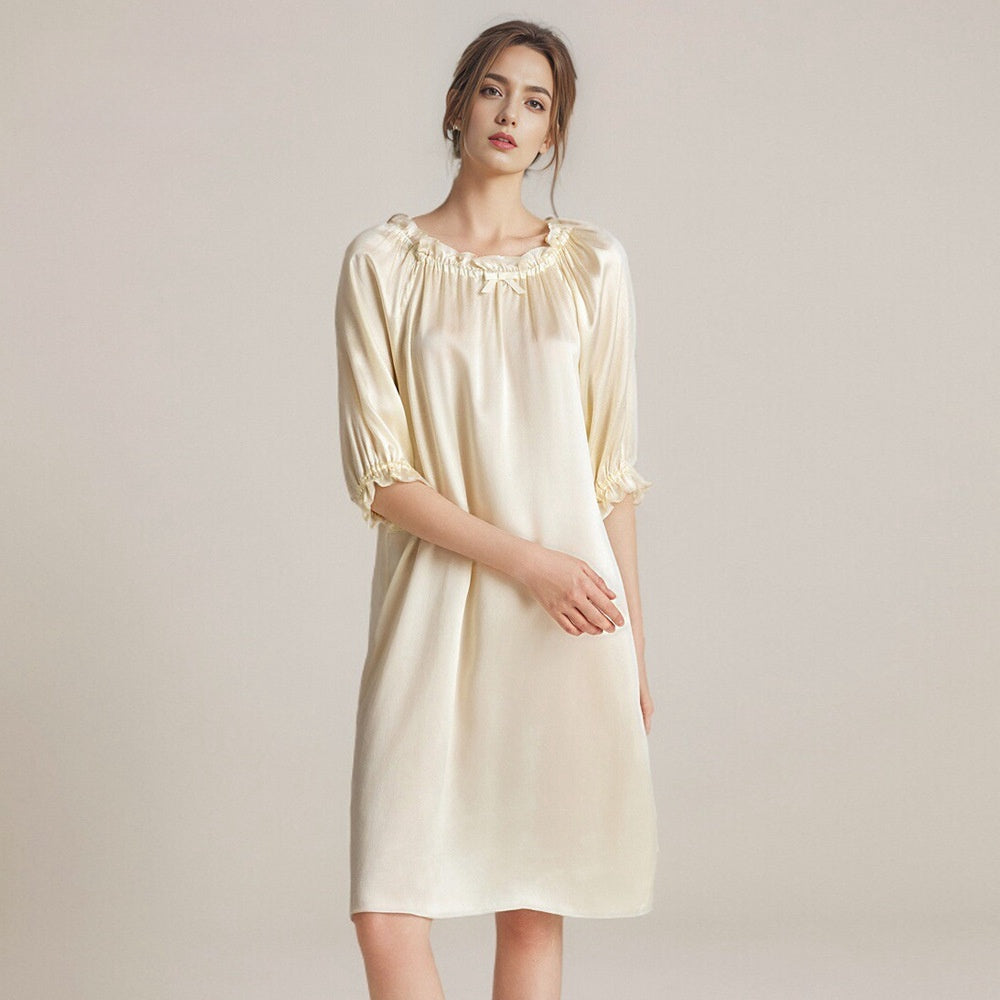 Pure Silk Robe 100% Mulberry Silk Women's Puff Sleeves Nightgown