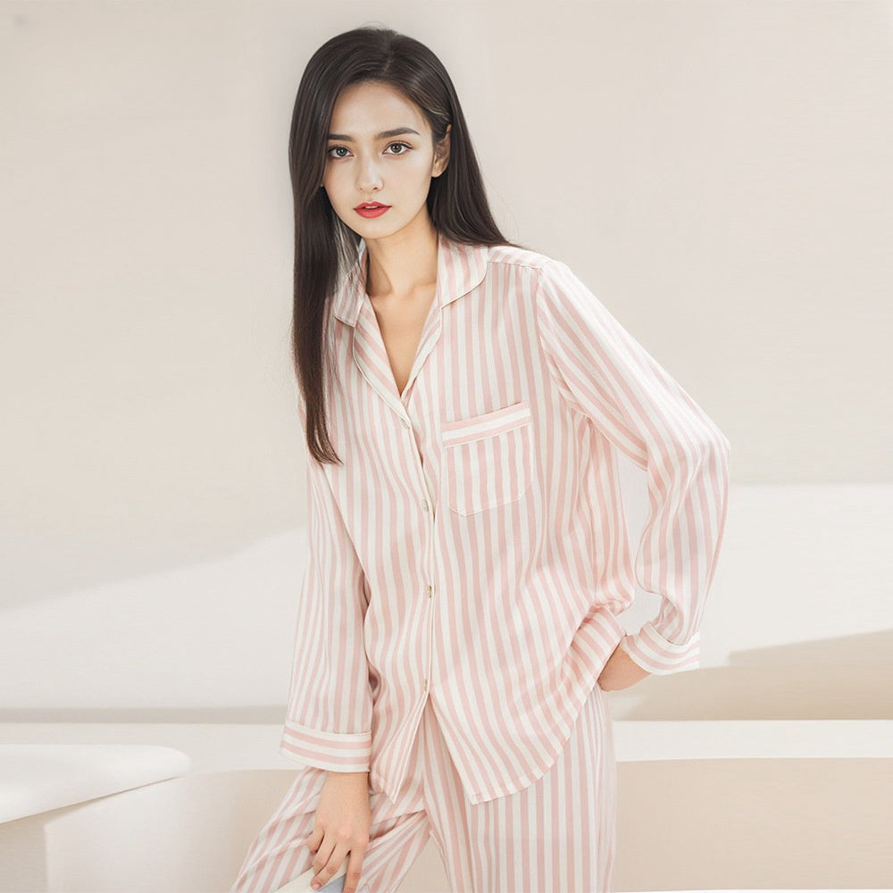 Pure Silk Robe 100% Mulberry Silk Women's Long Sleeve Long Pants Striped Suit Nightgown