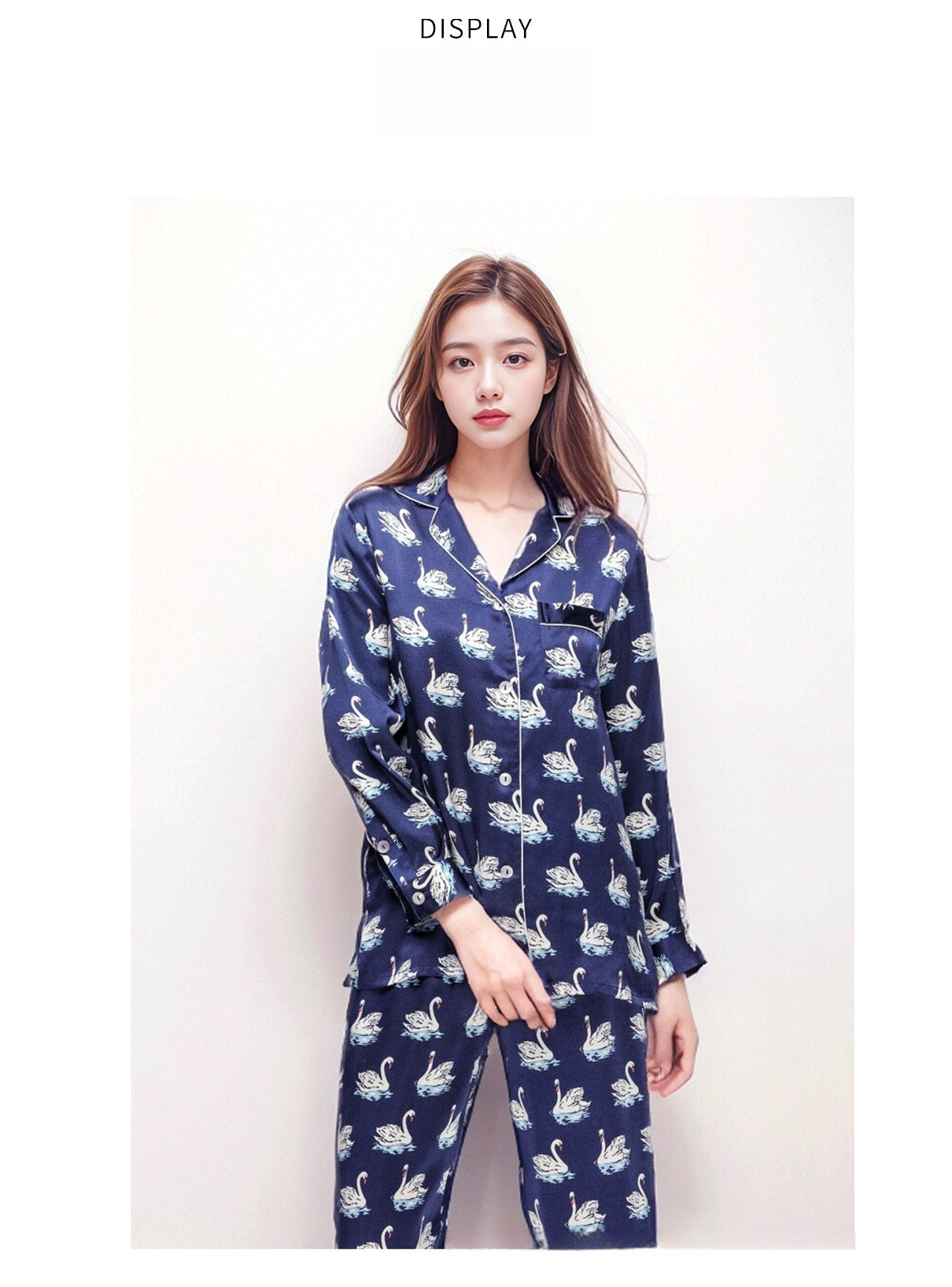 Pure Silk Women's 100% Mulberry Silk Swan Print Long Sleeve Pajamas Nightgown