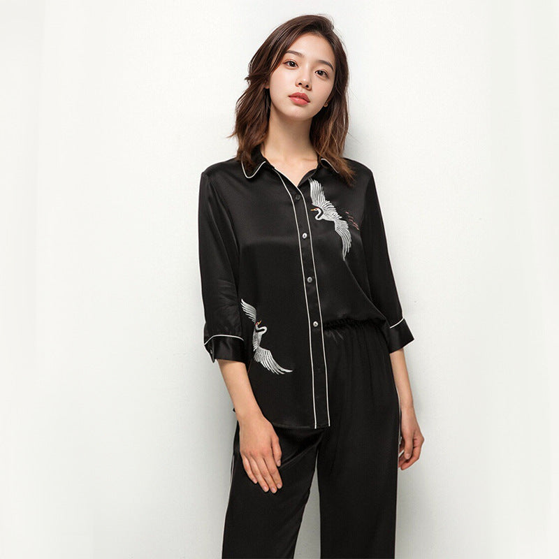 Pure Silk Women's 100% Mulberry Silk Embroidered Mid-sleeve Pajamas Nightgown