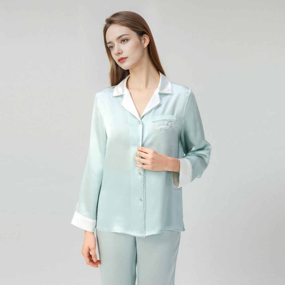 Pure Silk Robe 100% Mulberry Silk Women's Lace Collar Striped Suit Nightgown