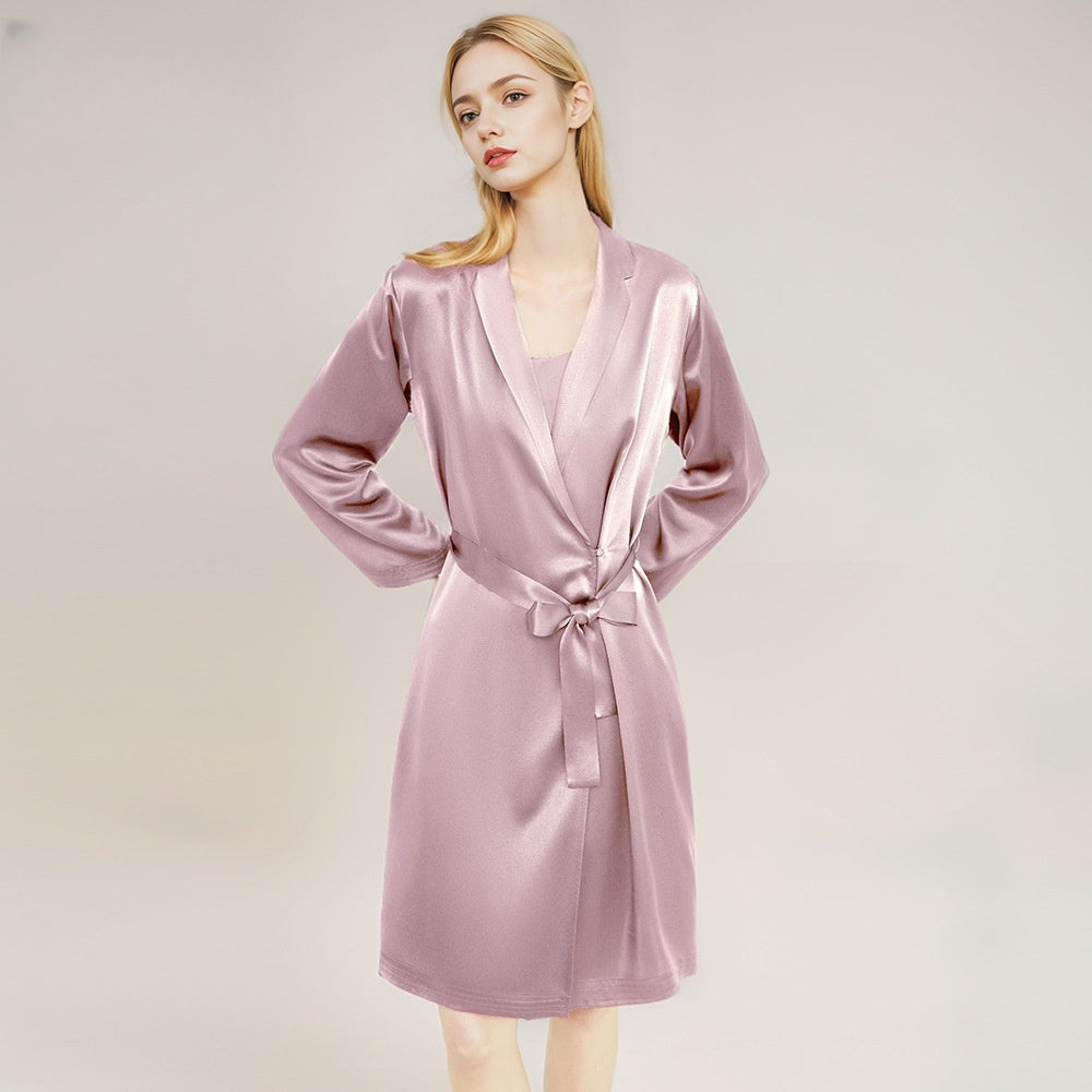 Pure Silk Women's 100% Mulberry Silk Cool Slip Nightdress Two-piece Robe Set