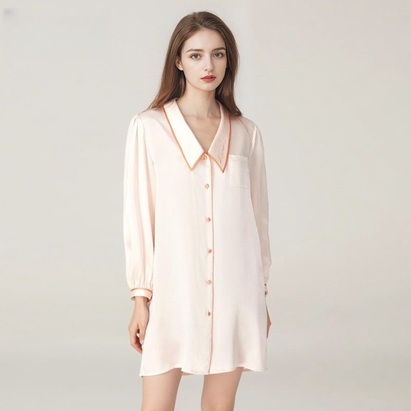 Pure Silk Robe 100% Mulberry Silk Women's Sexy Thin Doll Neck Shirt Nightgown