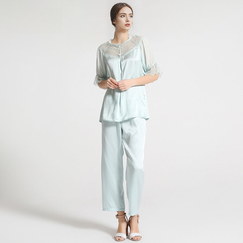 Pure Silk Women's 100% Mulberry Silk Lace Patchwork Puffy Sleeve Pajama Set