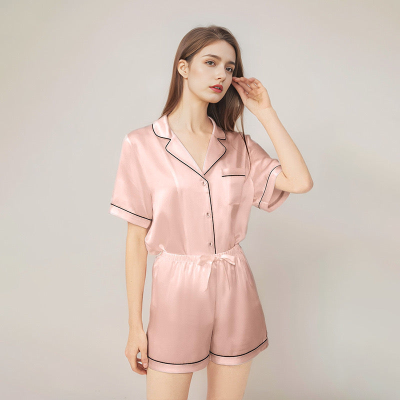 Summer new silk short-sleeved shorts two-piece women's 100% mulberry silk pajamas home wear set
