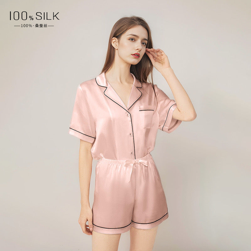 Summer new silk short-sleeved shorts two-piece women's 100% mulberry silk pajamas home wear set