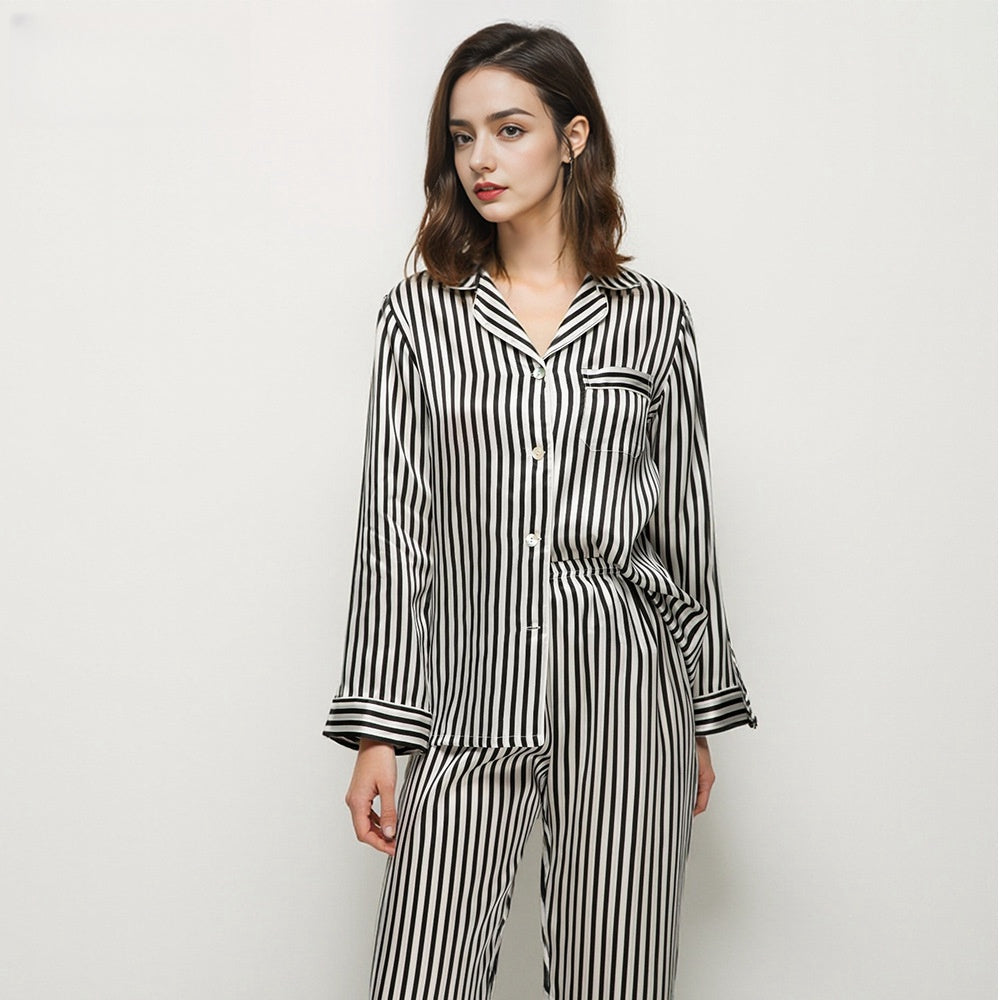 Pure Silk Robe 100% Mulberry Silk Women's Long Sleeve Long Pants Striped Suit Nightgown