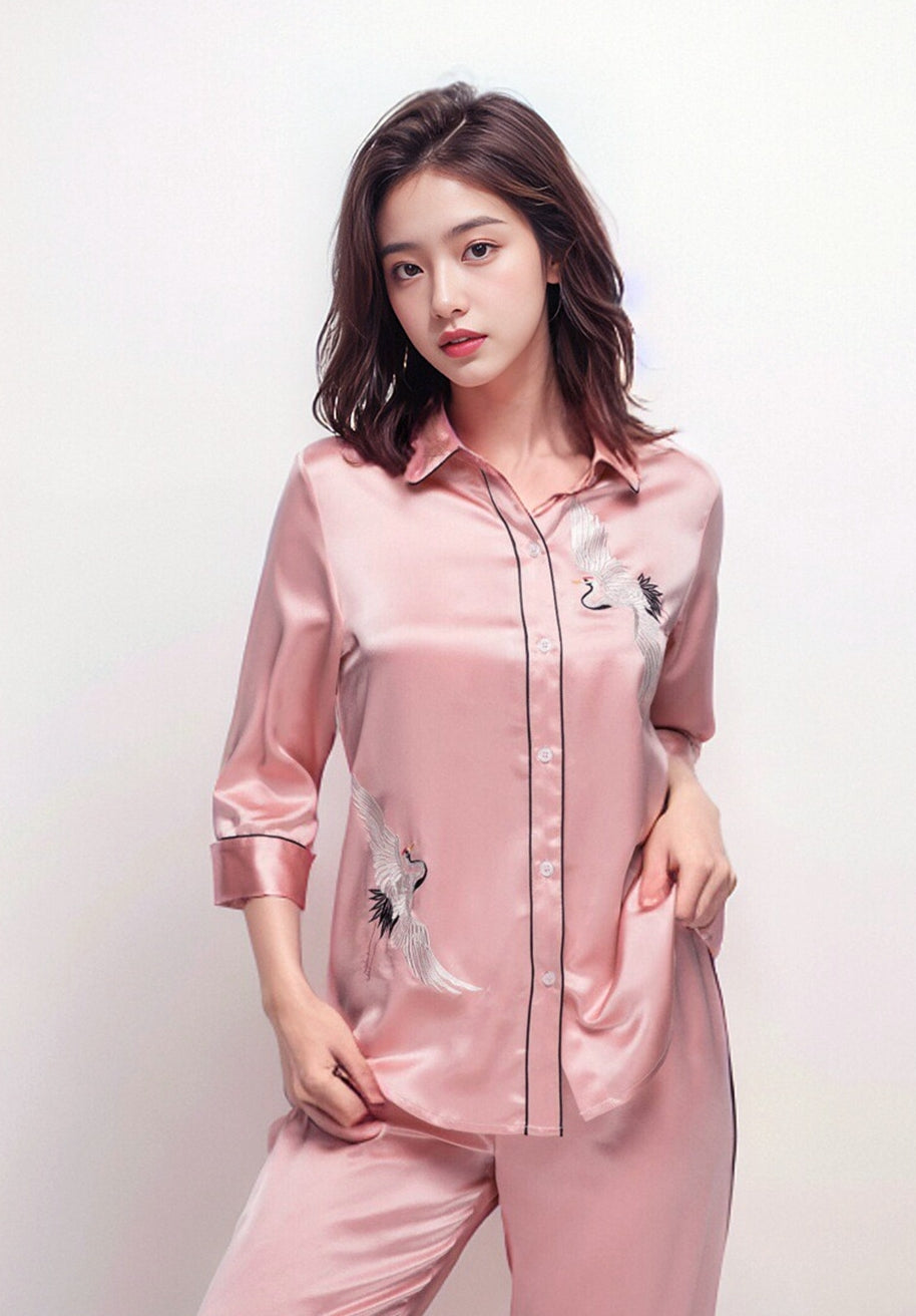 Pure Silk Women's 100% Mulberry Silk Embroidered Mid-sleeve Pajamas Nightgown