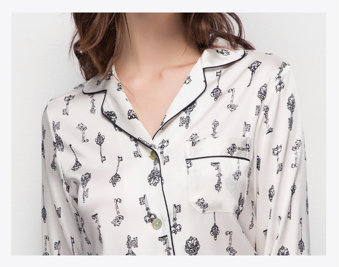 Pure Silk Women's 100% Mulberry Silk A Loungewear Set Long-sleeved Shirt Collar