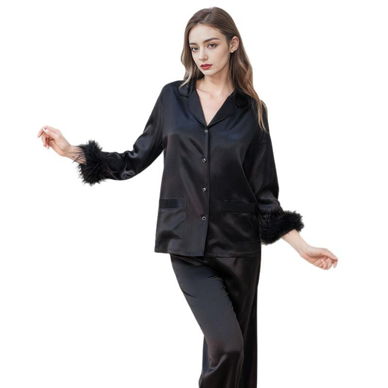 Pure Silk Robe 100% Mulberry Silk Women's Detachable Feather Striped Suit Nightgown
