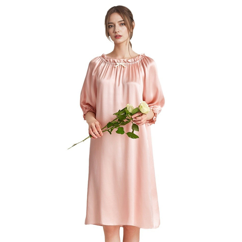 Pure Silk Robe 100% Mulberry Silk Women's Puff Sleeves Nightgown
